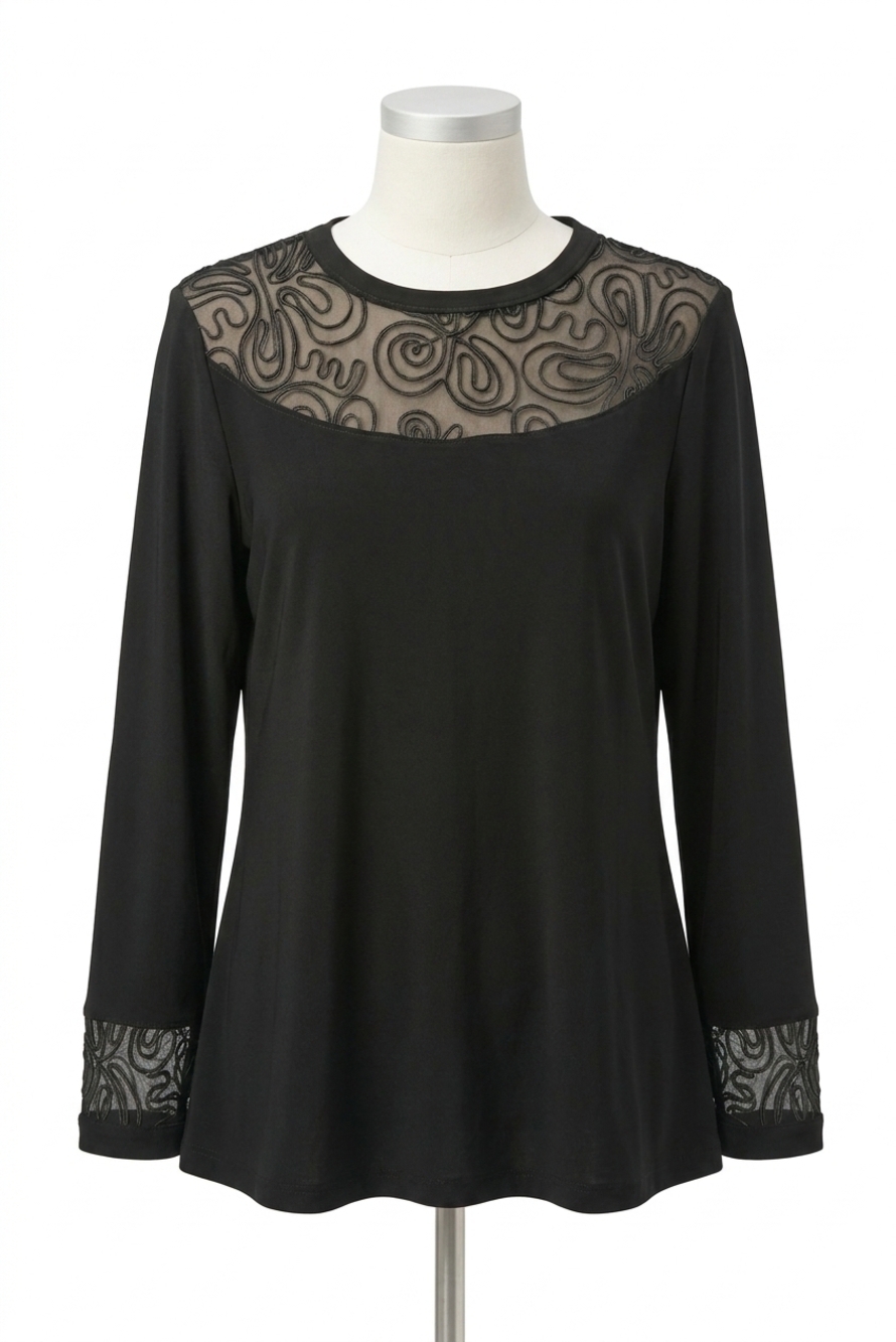 NEW JOSEPH RIBKOFF mesh crew neck long sleeves fitted top in black